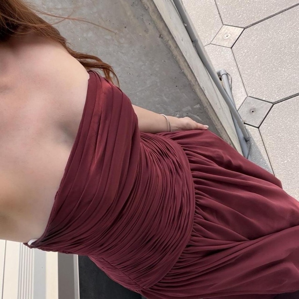 Jenny Yoo Strapless Ruched Wine Evening Gown